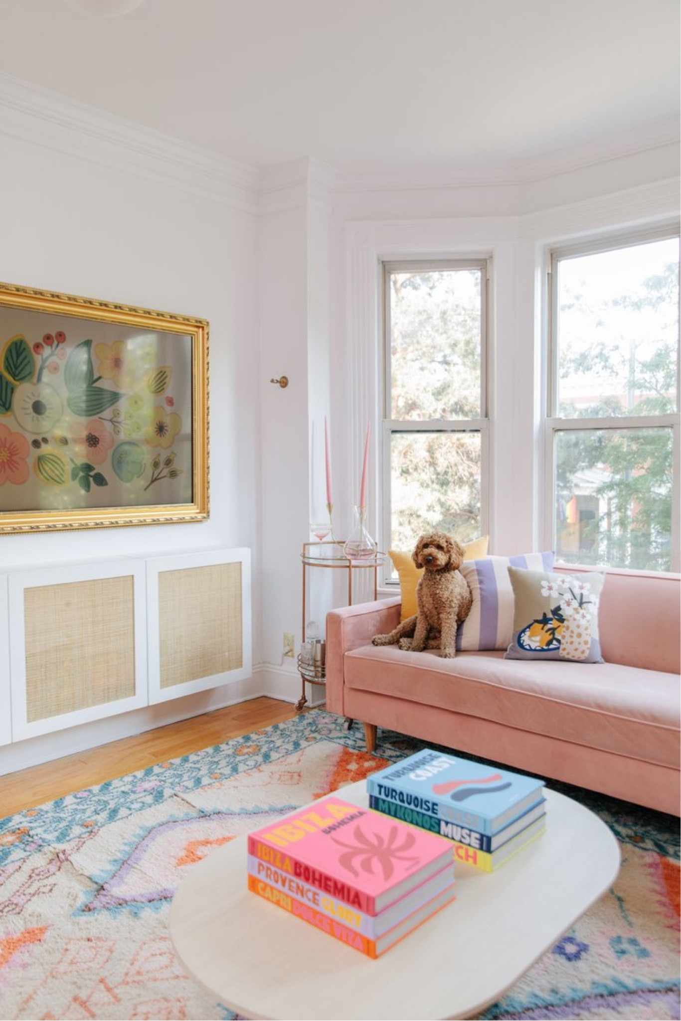 Pink living room pink sofa colorful living room rug 

#LTKhome
