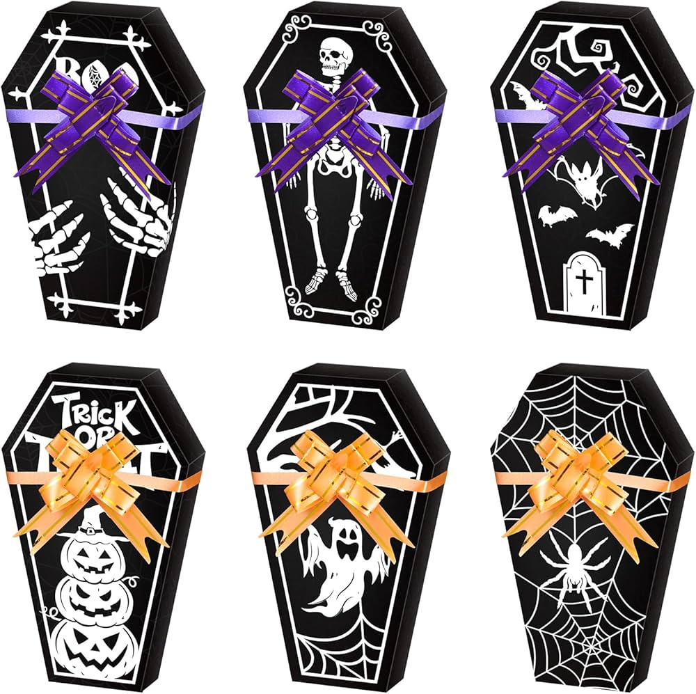 PerKoop 24 Pieces Halloween Coffin Treat Boxes with 30 Pull Bows Paper Coffin Goodies Candy Boxes... | Amazon (US)