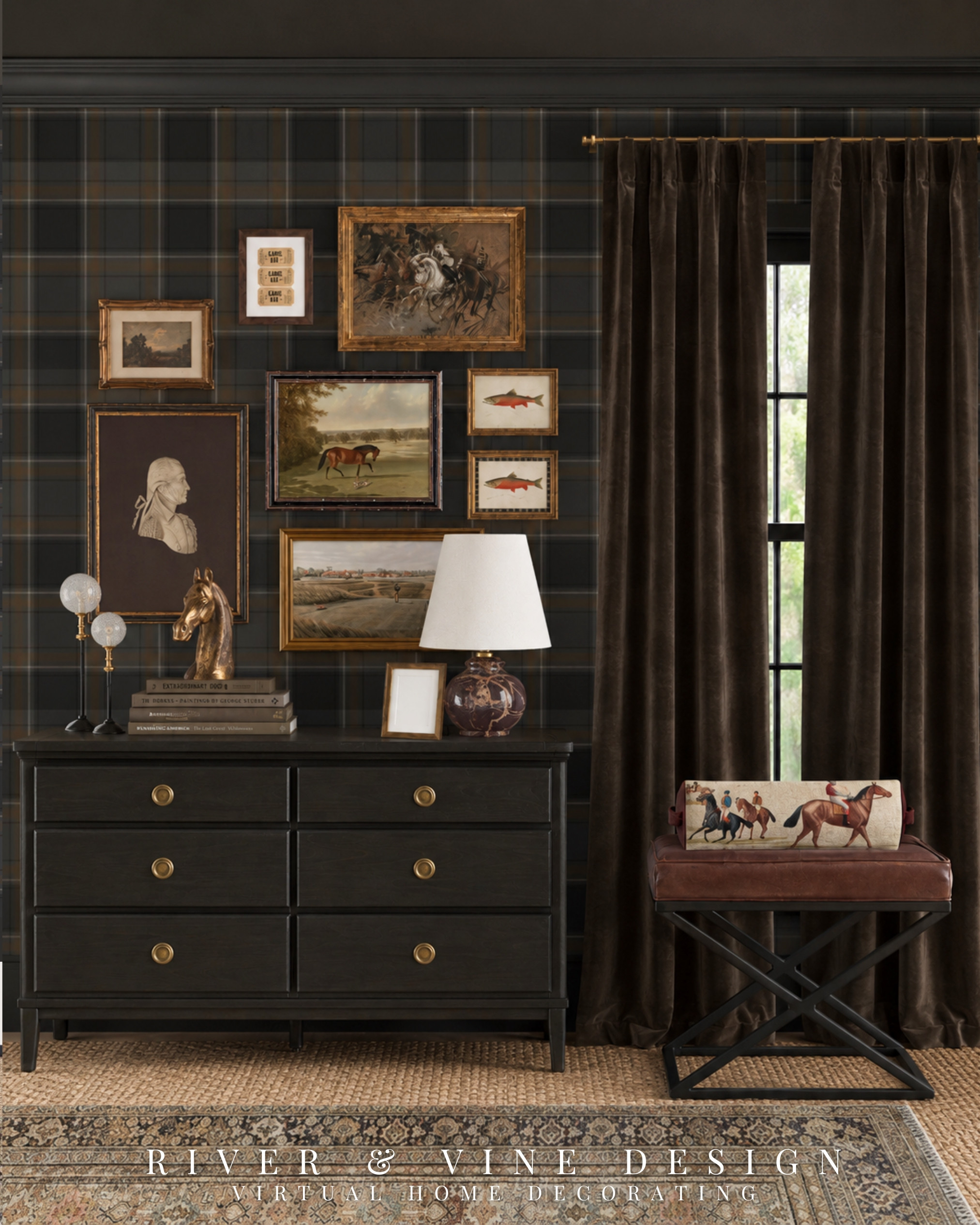 This is your sign to treat a dresser like a full design moment. Layer framed vintage art, a sculptural lamp, stacked books, brass accents, and rich curtains to make a bedroom feel finished instead of flat.

Classic home decor, equestrian artwork, vintage gallery wall, dark wood dresser, brass accents, traditional bedroom styling, Ralph Lauren inspired interiors, and collected home style.

Disclosure: I may receive a small commission from purchases made through my links, at no additional cost to you. 

 #LTKHome