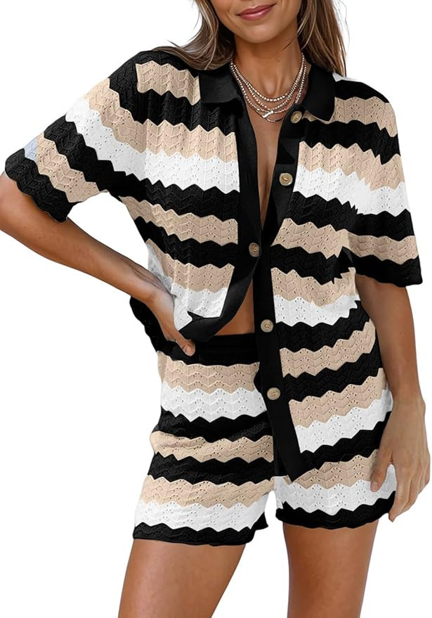 Pink Queen Women Knit Shorts Set 2 Piece Outfits Short Sleeve Button Down Sweater Top and Shorts ... | Amazon (US)