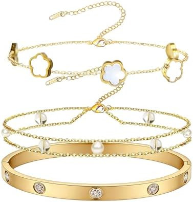 Gold Bracelets for Women, 18K Gold Plated Dainty Ultra-Slim White Flower Jewelry Set, 3PCS Feathe... | Amazon (US)