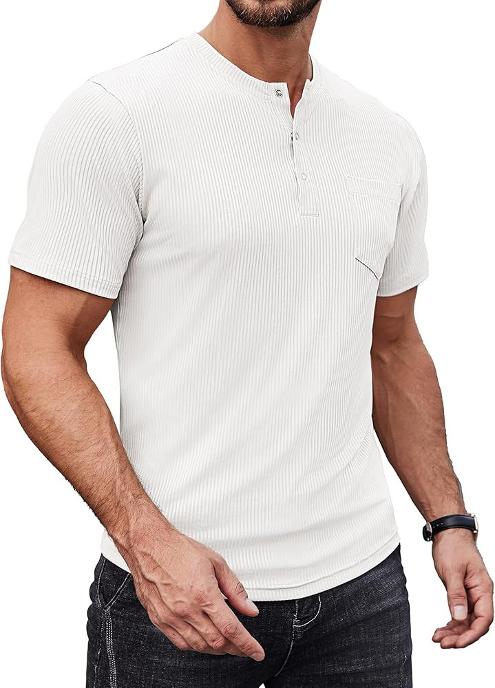 COOFANDY Mens Henley Shirts Short Sleeve Tshirt Basic Button Tees Summer Ribbed Pocket T Shirt Ca... | Amazon (US)