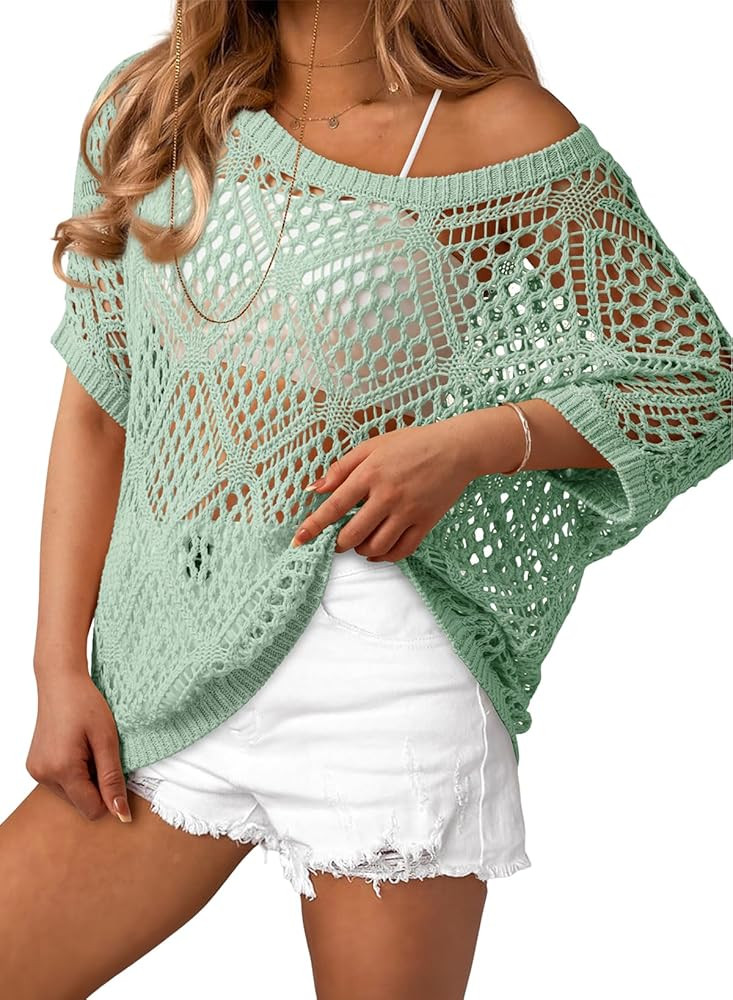 Women's Crochet Cover Up Tops Summer Short Sleeve Off Shoulder Sweater Shirts Beach Swimsuit Cove... | Amazon (US)