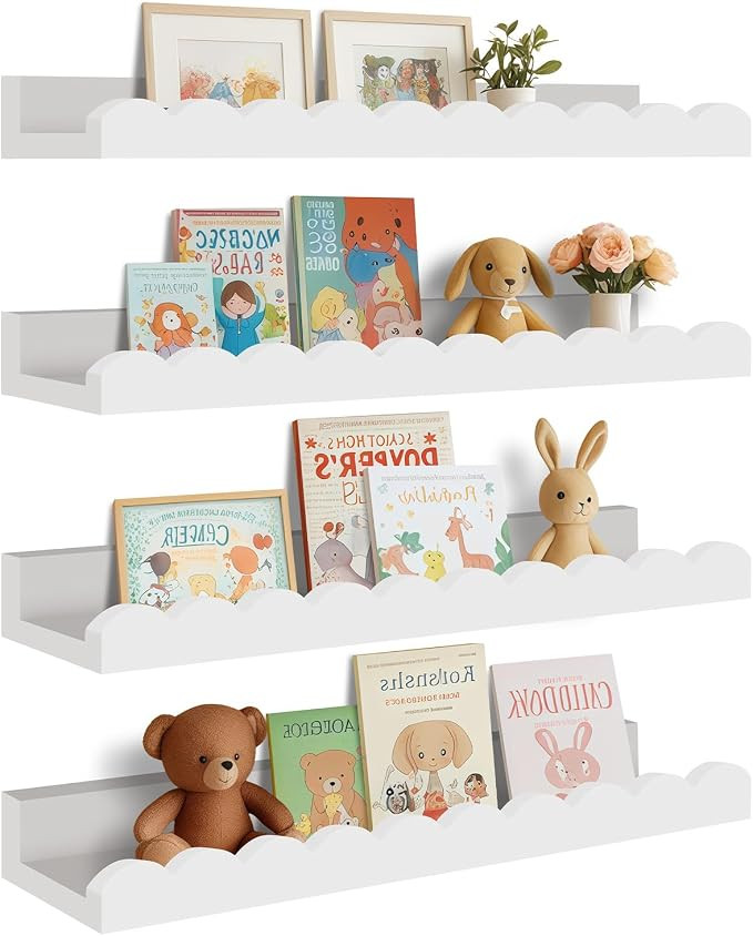 4-Pack Scalloped Shelves, Nursery Shelves for Wall, Floating Nursery Book Shelves for Kids, White | Amazon (US)
