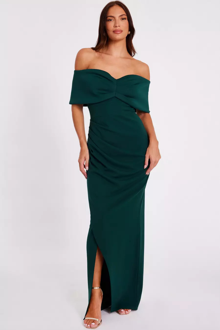 Home/Bottle Green Bardot Wrap Maxi Dress | Quiz Clothing