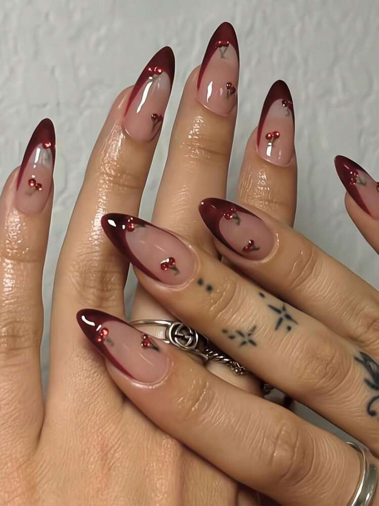 24pcs Medium Almond-Shaped Nail Stickers, Burgundy French Manicure Design With Summer Cherry Rhinestones, Retro Full Coverage, Suitable For Women And Girls Nails In Summer, Nail Art Supplies. | SHEIN