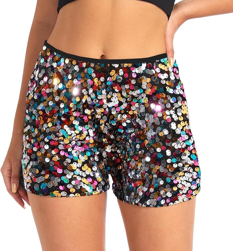 Women's Sequins Shorts High Waist Elastic Glitter Party Shorts Sexy Fashion Hot Pants XS-XXL | Amazon (US)