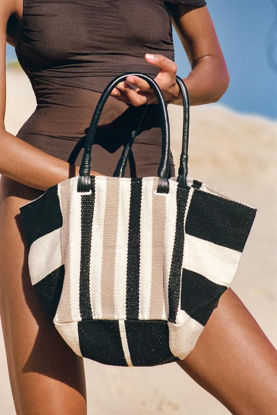 STRIPED BAG WITH LEATHER HANDLES | Zara US