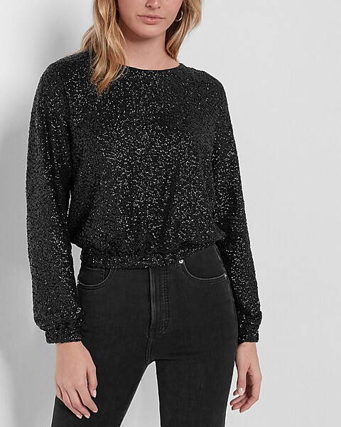 Sequin Long Sleeve Banded Bottom Top | Express