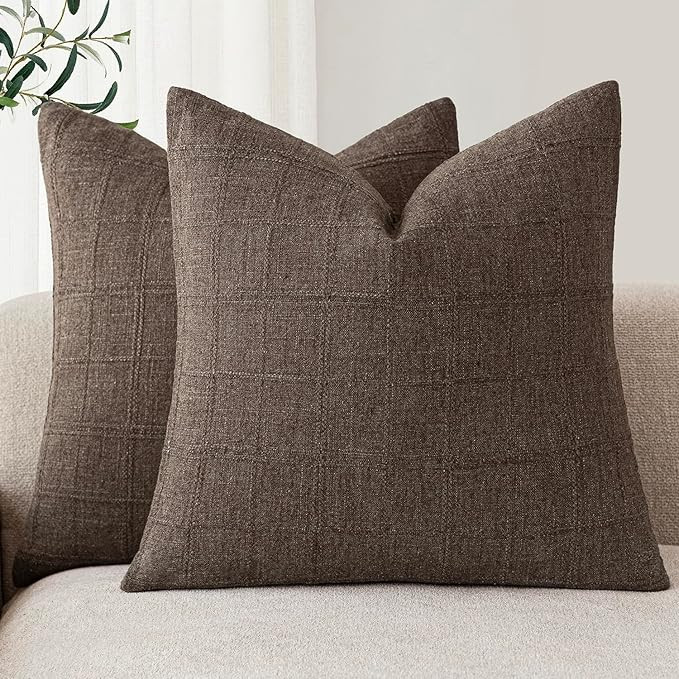 Foindtower Set of 2 Decorative Linen Check Throw Pillow Covers Neutral Farmhouse Vintage Cushion ... | Amazon (US)