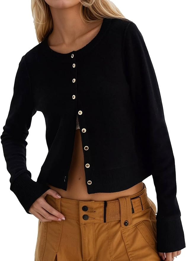 Womens Cropped Cardigan Sweater Crewneck Long Sleeve Button Down Ribbed Cuffs Sweaters Trendy Win... | Amazon (US)