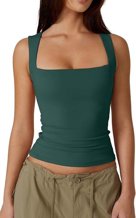 QINSEN Women's Square Neck Sleeveless Double-Layer Tank Tops Basic Tight T Shirts | Amazon (US)