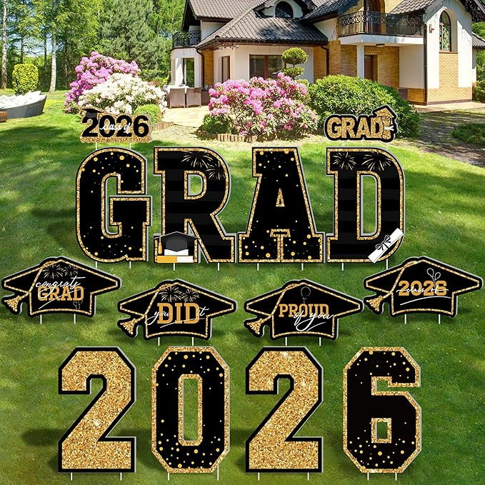 14PCS Graduation Yard Signs Class of 2026, Black Gold Graduation Decorations, Class of 2026 Yard ... | Amazon (US)