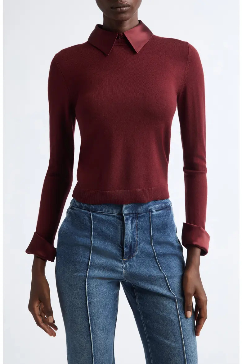 ALICE + OLIVIA Porla Collared Wool Blend Sweater in Garnet at Nordstrom, Size Large | Nordstrom