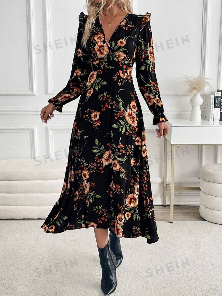 SHEIN Raffinéa Floral Print Ruffle Cuff Belted Bodycon Dress For Women, Autumn | SHEIN | SHEIN