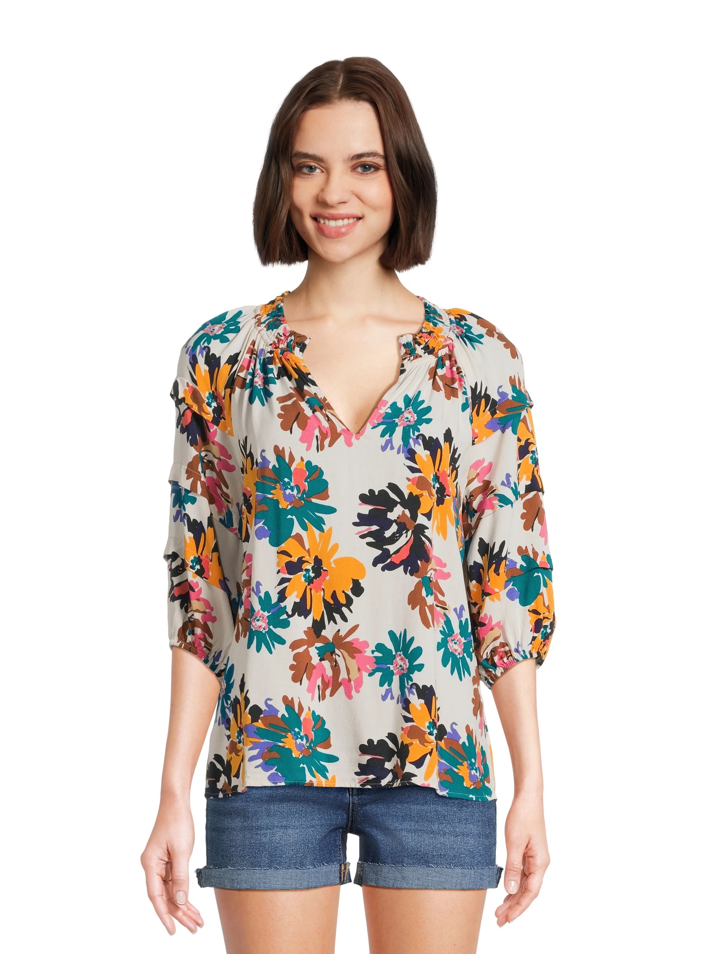 The Pioneer Woman Smocked Collar Peasant Blouse with 3/4-Length Sleeves, Women's, Sizes XS-3X | Walmart (US)