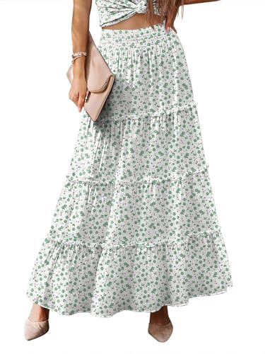 LUXVEER Women’s Summer Boho Maxi Skirts Smocked High Wasited Flowy TieLight Green Floral Ruffle A Line Long Beach Skirt Light Green Floral XS | Amazon (US)