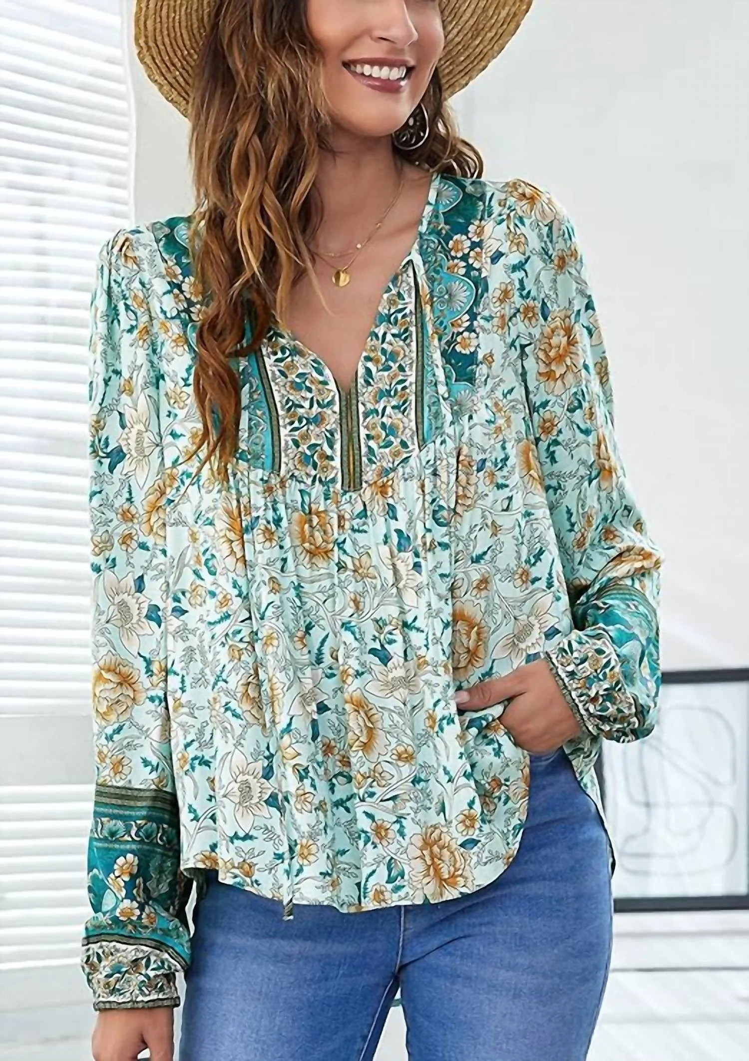 Bohdi Boho Floral Blouse In Teal | Shop Simon