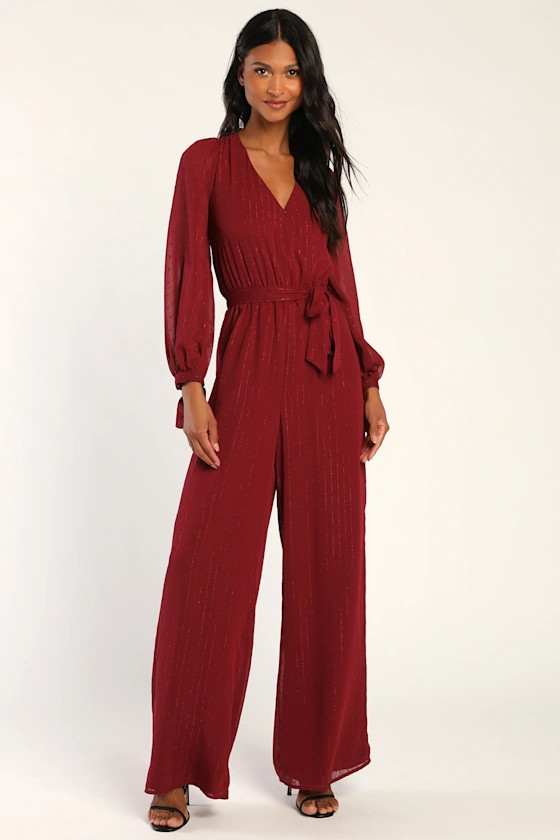 Beyond Magnificent Burgundy Metallic Swiss Dot Wide-Leg Jumpsuit | Lulus (US)