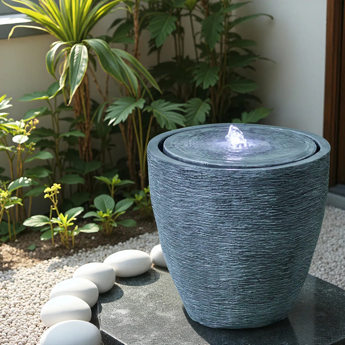 Round Gray Polyresin Water Floor Fountain Weather Resistant With LED Light And Pump | Wayfair North America