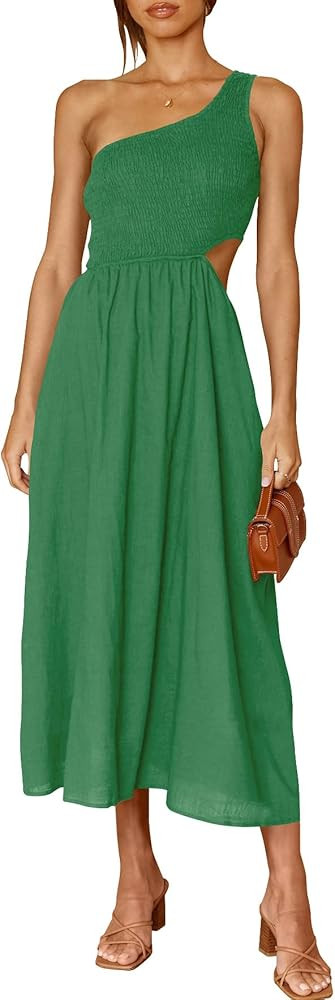 ANRABESS Women's Summer Sleeveless Smocked One Shoulder Cutout Sundress Flowy A-Line Beach Long Maxi | Amazon (US)