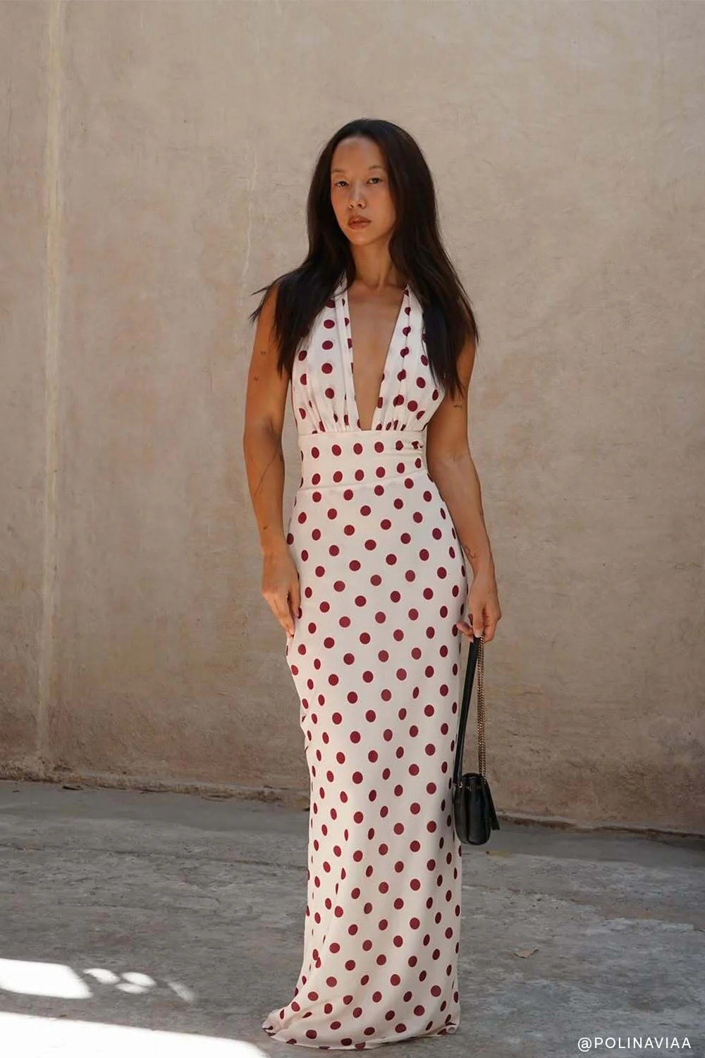 Halter Chiffon Maxi Dress - Ivory/Merlot Polka Dot | MESHKI US