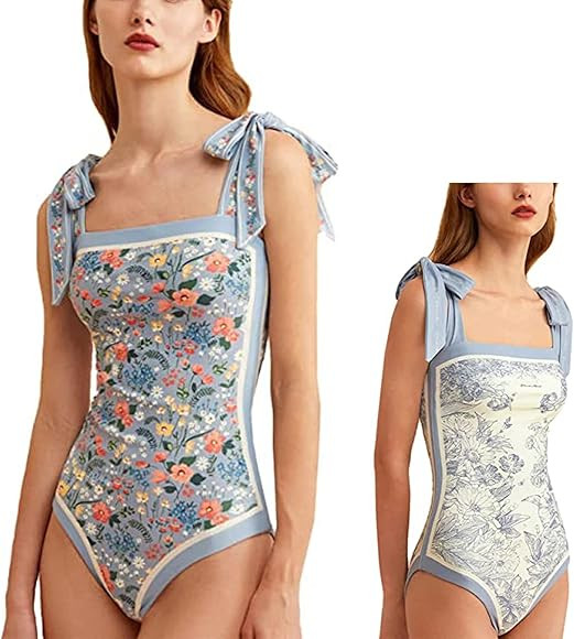 Women Floral One Piece Swimsuits Reversible Tie Shoulder Monokini,Tummy Control Square Neck Swimsuit | Amazon (US)