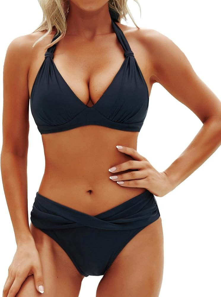 Yonique Women Two Piece Bathing Suits Push Up Bikini Set Halter Swimsuit Vintage Swimwear | Amazon (US)