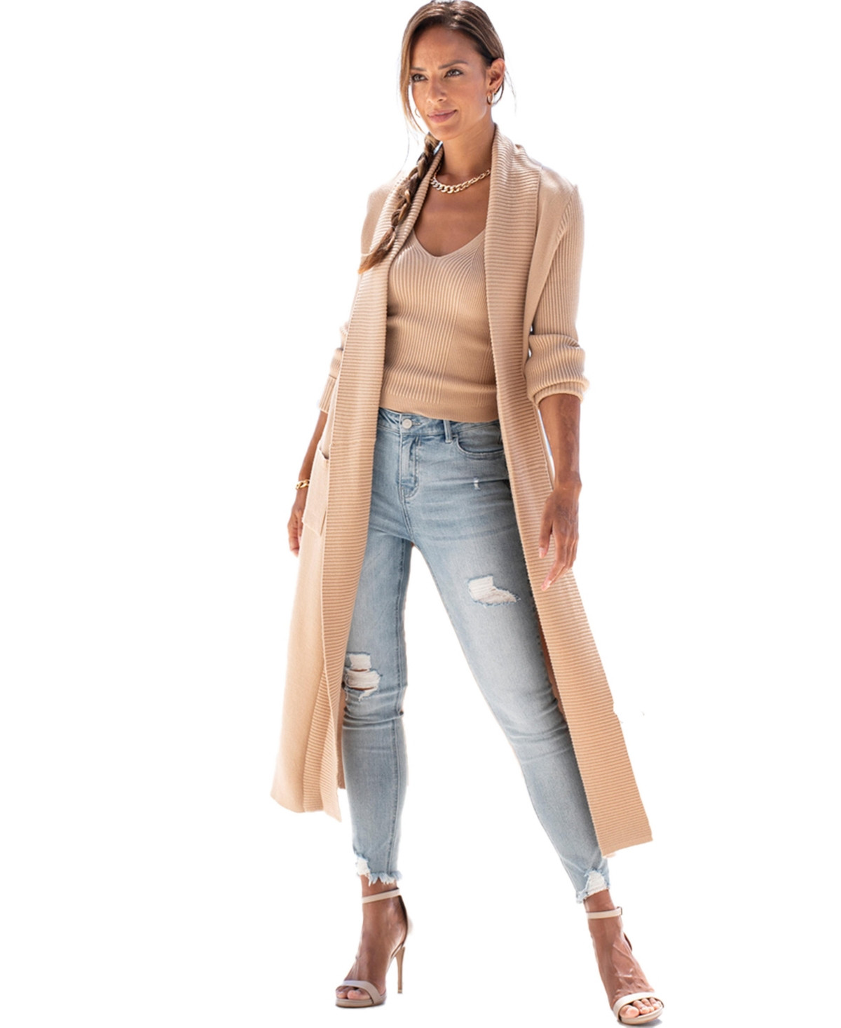 Lascana Women's Long Length Knit Cardigan With Pockets - Camel | Macy's