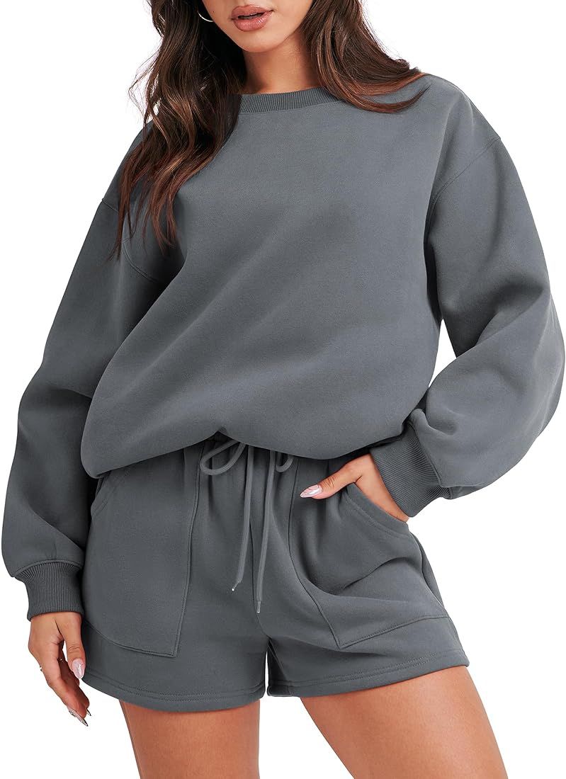 Women 2 Piece Outfits Sweatsuit Oversized Sweatshirt & Lounge Shorts 2023 Casual Cozy Pajamas Tra... | Amazon (US)
