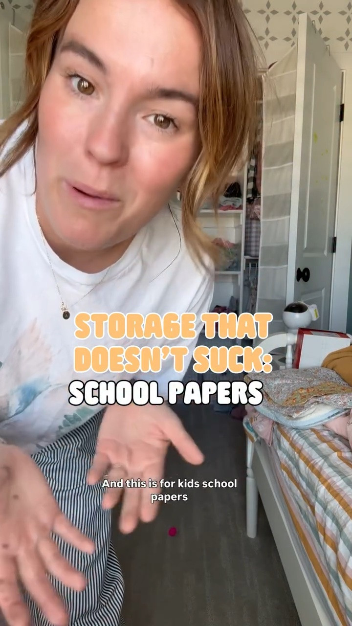 So many freakin’ school papers. And somehow, the ones I trash, my kids always find them in the trash.

“Mom! How did this get in here?!”
Me: “OH my gosh! I have no idea! Maybe it slid off the counter!” 

Both of these systems have been working well in helping me be selective AND eliminating papers! My goal is one box for each kid. Trust me. They’re not going to sort through anymore than that one day 

Comment “HANG” if you want the box and file folders I used!