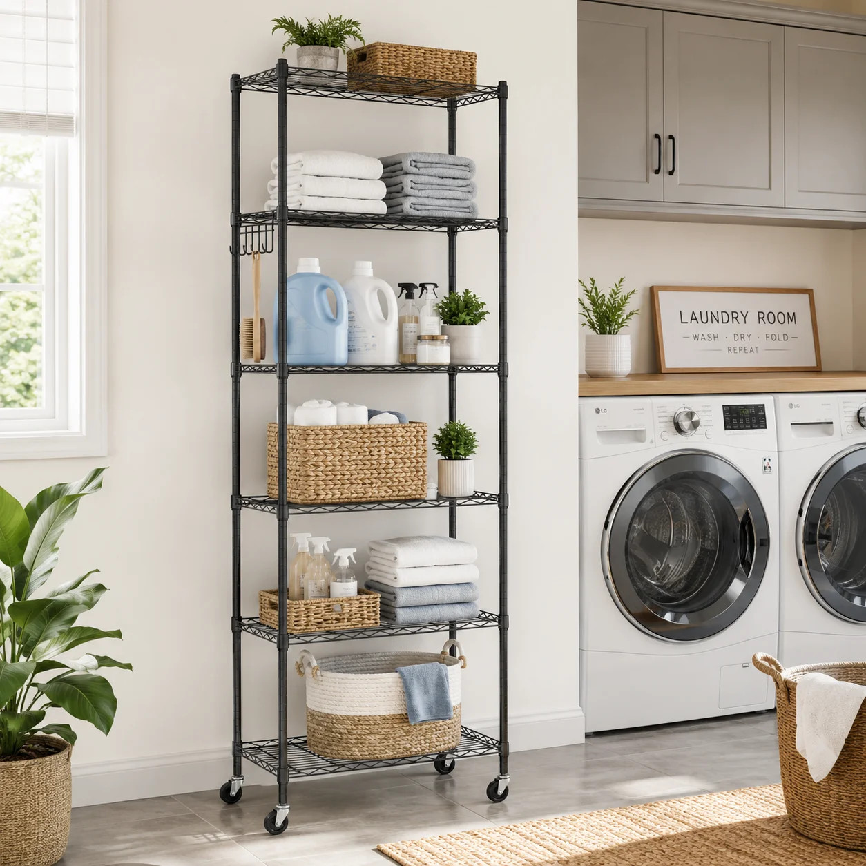 6-Tier Storage Shelf Wire Shelving Unit Free Standing Rack Organization with Caster Wheels, Stainless Side Hooks | Wayfair North America