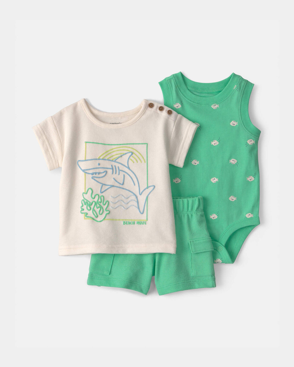 Baby Boy 3-Piece Shark Top, Bodysuit & Short Set - Green/Ivory | Carter's | Carter's Inc