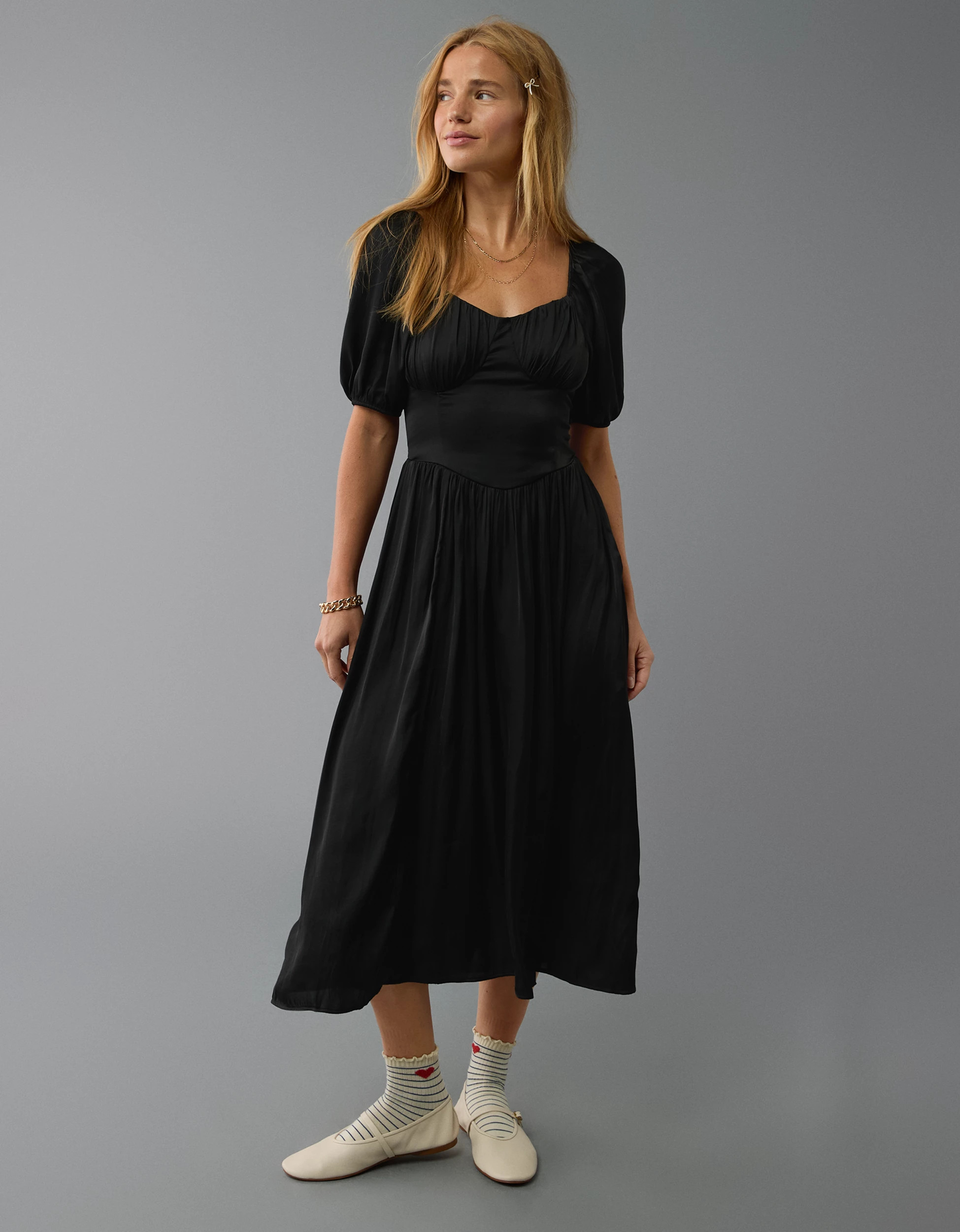 AE Puff Sleeve Corset Midi Dress | American Eagle Outfitters (US & CA)