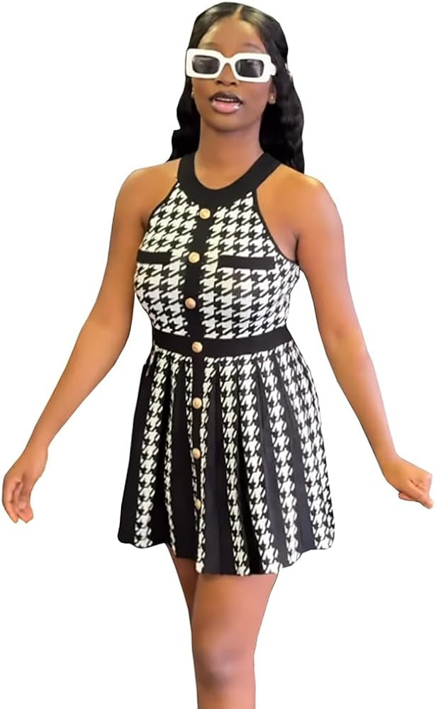 Women's Dress Summer Y2k Pleated Skirt Fashion Halter Neck Vest Dress Sleeveless Houndstooth Shor... | Amazon (US)