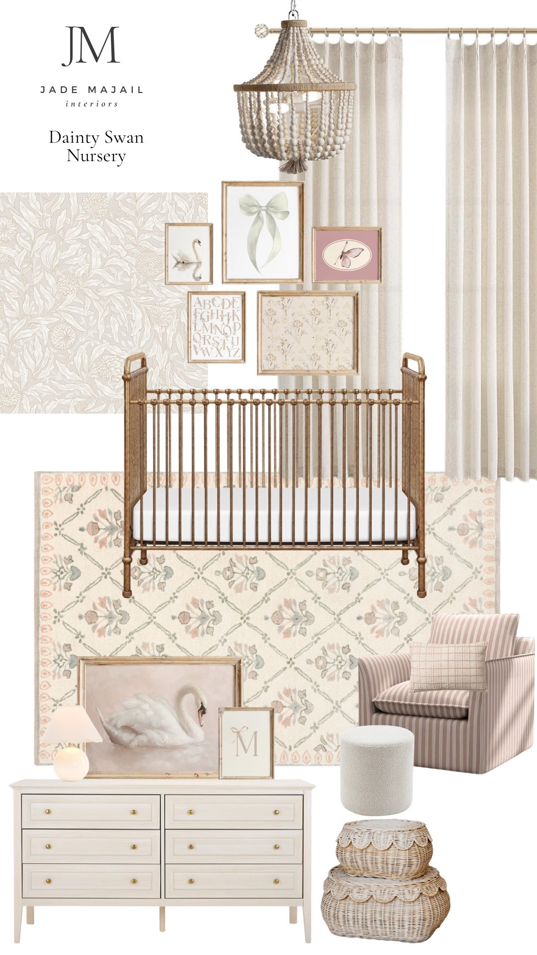 Dainty whimsical swan nursery for a little baby girl! 

Brass crib, floral rug, pink nursery glider, nursery wall art, scalloped table lamp, baskets, wallpaper, pinch pleat curtains, accent pillow, home decor

#LTKBaby #LTKBump #LTKHome