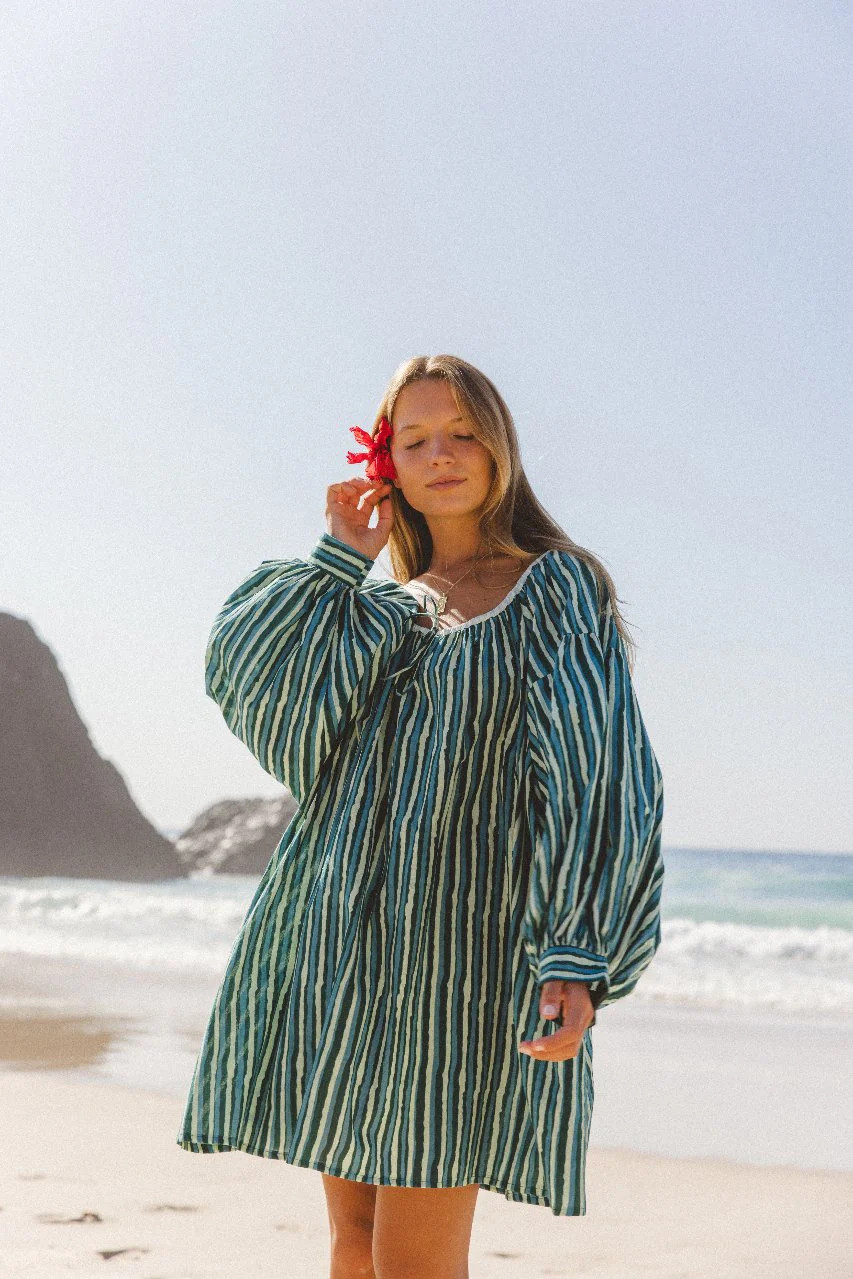 Ria Mini Dress ~ Cyan Candy | Artisan Screen Printed Cotton Mini | Daughters of India