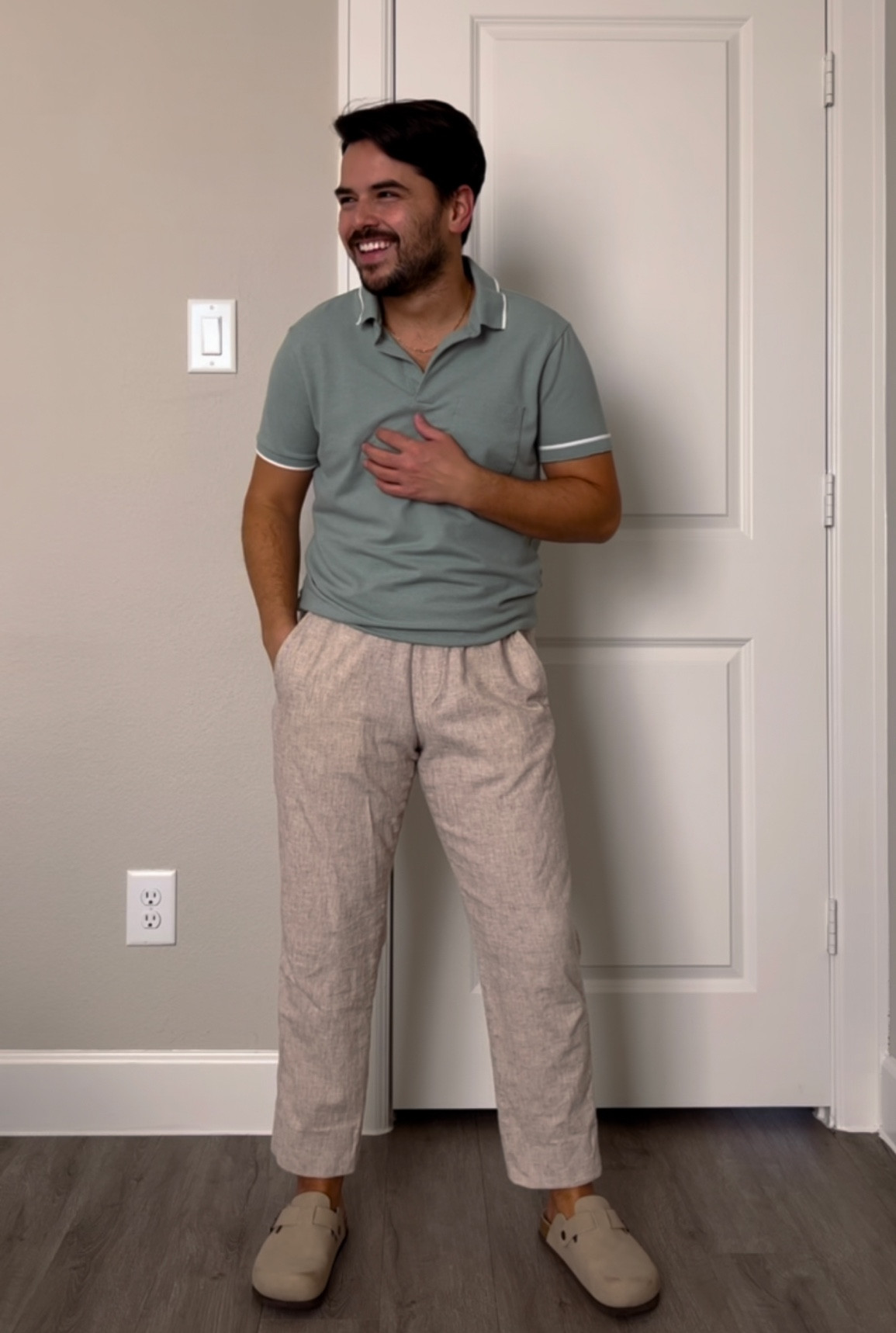 Simple sweater polo outfit with linen blend pants and Boston clubs. Mens outfit ideas. Unisex Boston clogs. Birkenstock affordable options | Birkenstock dupe.  

#LTKmens #LTKstyletip #LTKSeasonal