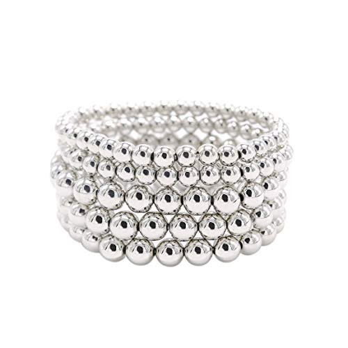 Cryshimmer 5 Pcs Silver Bead Bracelet Set for Women Silver Plated Bead Ball Stretch Elastic Bracelet | Amazon (US)