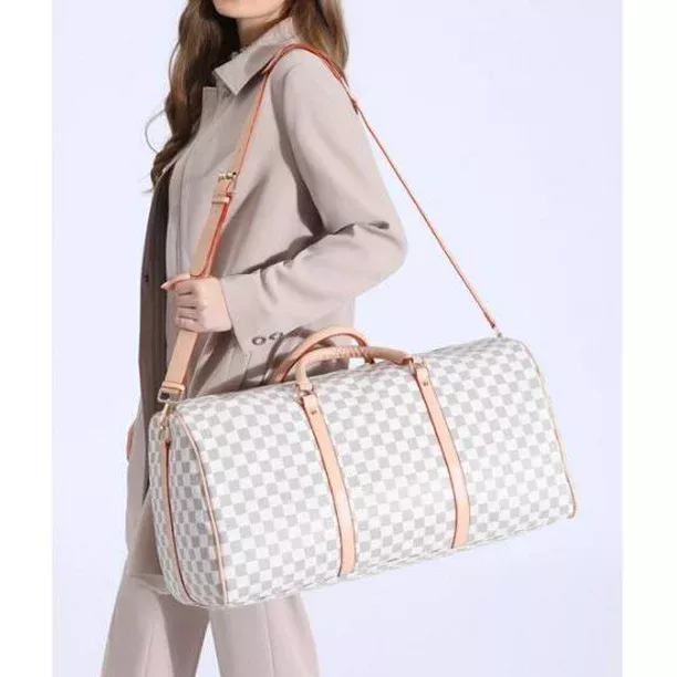 Richports Checkered Travel PU Leather Weekender Overnight Duffel Bag Shoulder Tote Handbag Travel Gym Bag Mens Women (White Checkered), Women's, Size