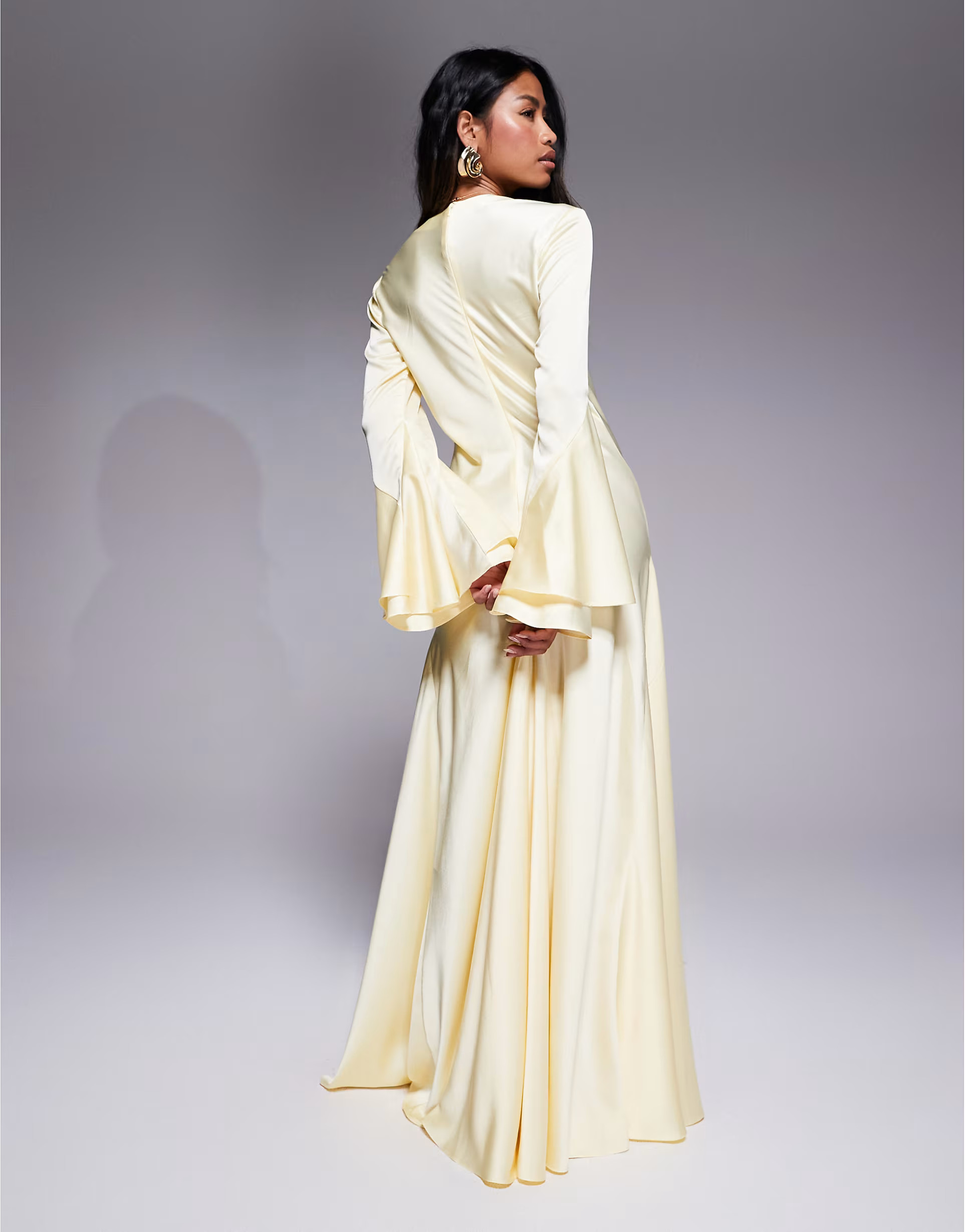 ASOS DESIGN long sleeve satin maxi dress with full skirt and godets in lemon yellow | ASOS | ASOS (Global)