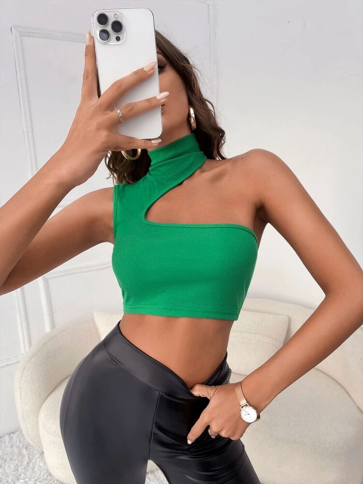 Asymmetrical Neck Ribbed Knit Crop Top | SHEIN