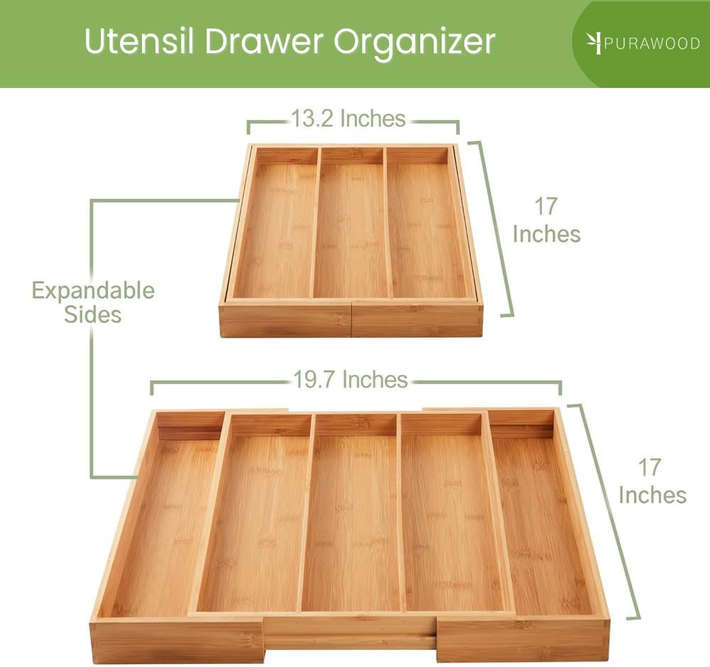 Purawood Kitchen Drawer Organizer - Expandable Utensil Drawer Organizer for Kitchen, Cutlery Tray... | Amazon (US)