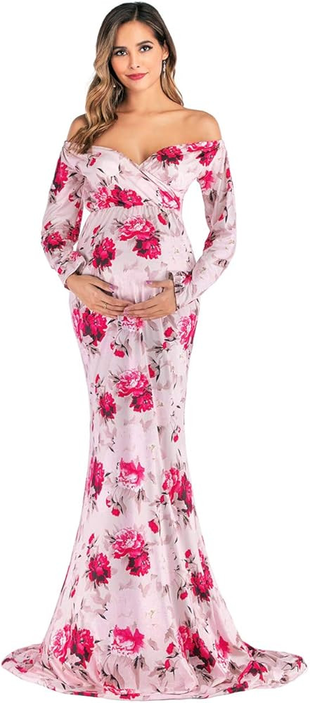 JustVH Maternity Elegant Fitted Maternity Gown Long Sleeve Cross-Front V Neck Slim Maxi Photograp... | Amazon (US)