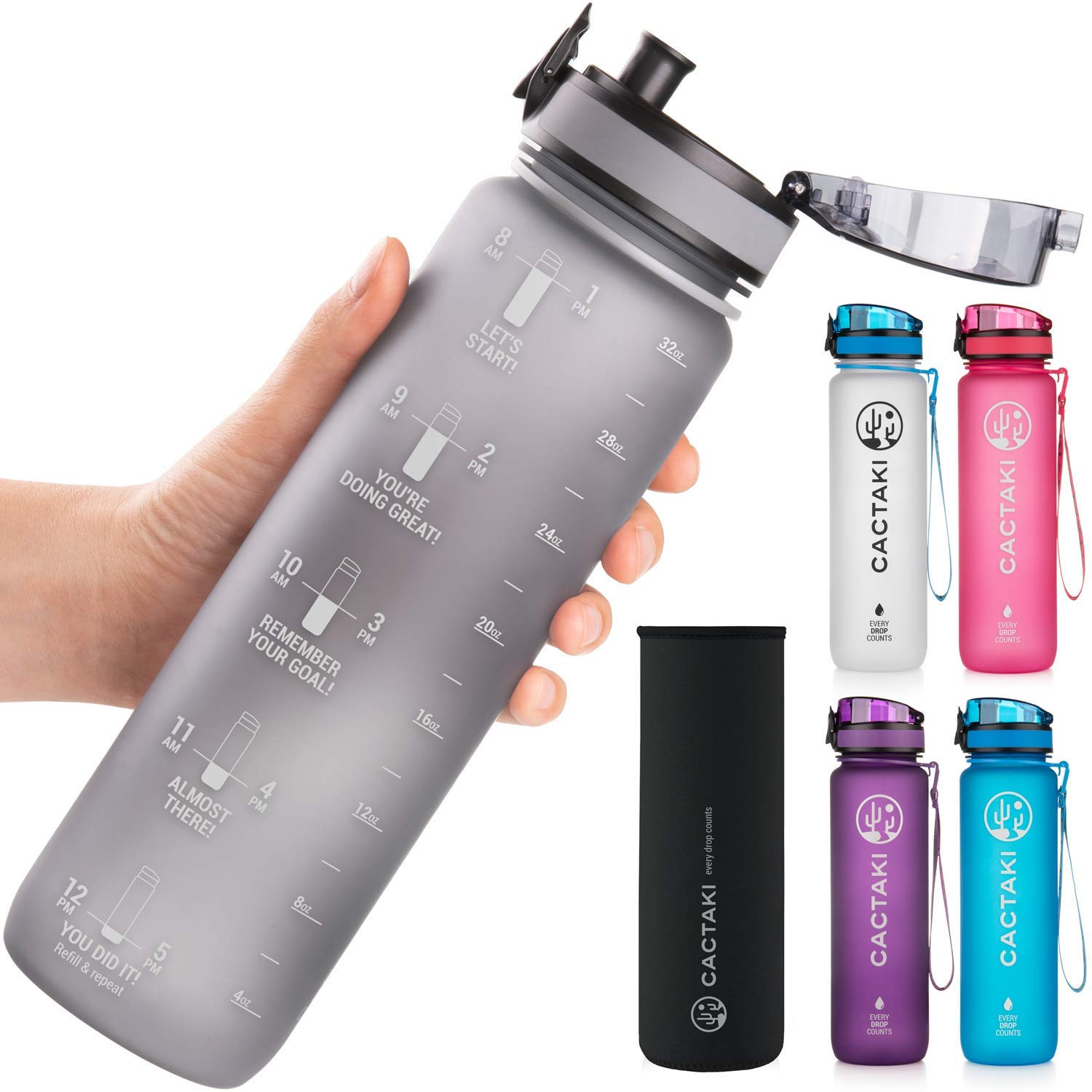 Cactaki 32oz Water Bottle with Time Marker, BPA Free, Non-Toxic, Leakproof, Durable | Amazon (US)