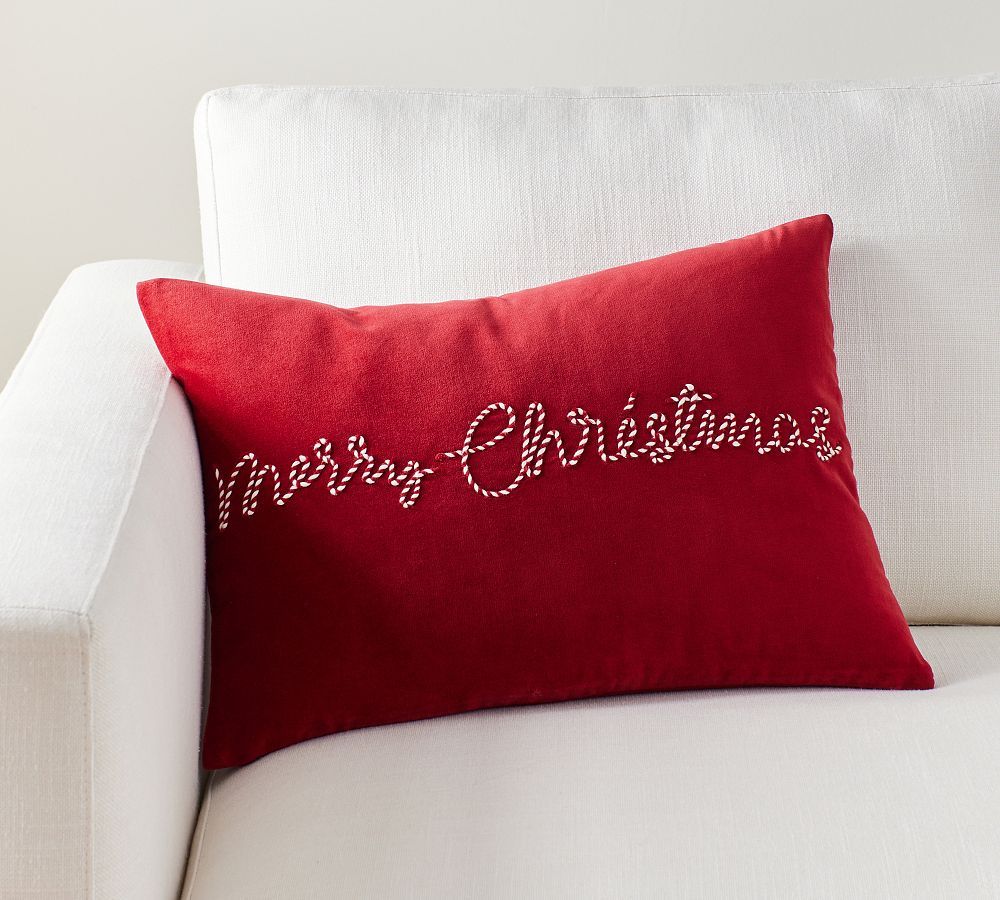 Merry Christmas Velvet Lumbar Throw Pillow Cover | Pottery Barn (US)