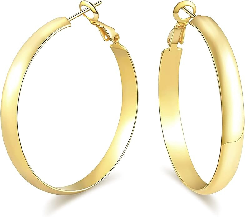WOWSHOW 5mm Thick Flat Edge Gold Hoop Earrings Stainless for Women Girls 30mm-70mm | Amazon (US)