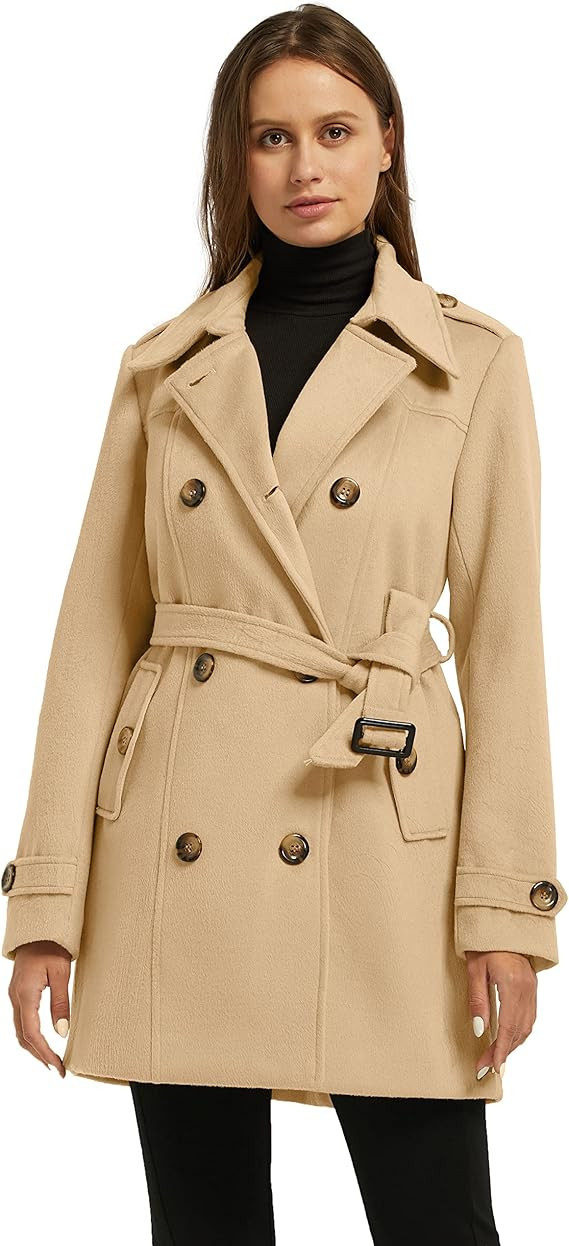 Wantdo Women's Double Breasted Pea Coat Winter Mid-Long Trench Coat with Belt | Amazon (US)
