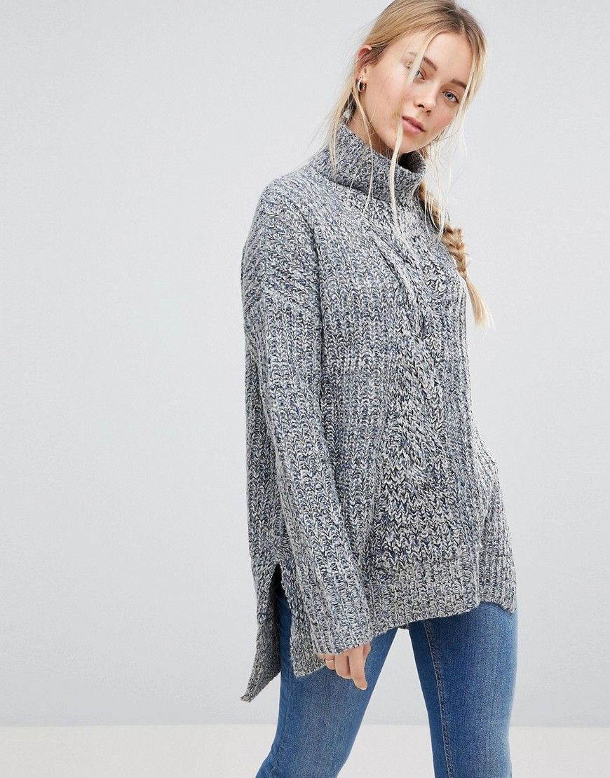 QED London Chunky Knit Roll Neck Sweater - Gray | ASOS US