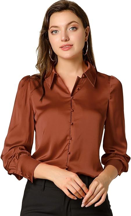 Allegra K Women's Satin Blouse Puff Sleeve Point Collar Vintage Button Up Shirt | Amazon (US)
